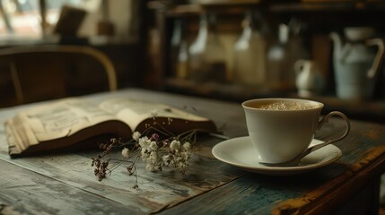 A cup of coffee and an open book with flowers on a rustic table in a dimly lit room interior