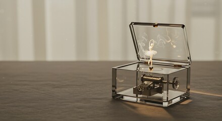 a transparent glass music box placed horizontally on a linen-covered table, inside the music box, instead of a ballerina, is a miniature, ethereal wisp of glowing smoke