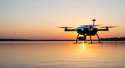 A modern drone hovers over a tranquil lake at sunset, featuring beautiful golden hour reflections on the calm water and a distant tree line. Ideal for aerial photography and tech.