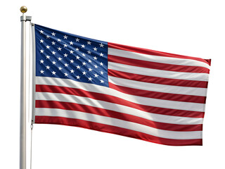 Obraz premium A us flag with stars and stripes blowing in the wind attached to a metal flagpole on a white background