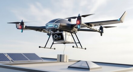 Automated delivery drone transports a package over a modern rooftop with solar panels, symbolizing efficient, eco-friendly, and futuristic logistics.