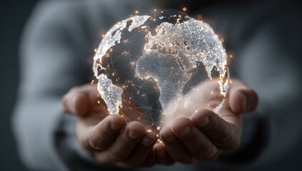 A person's hands hold a glowing, translucent globe of Earth.  Connections and lines extend from the globe