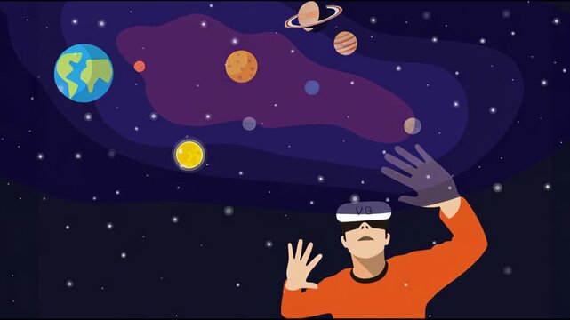 User interacts with a virtual reality headset while exploring a detailed representation of the solar system. Planets orbit around with stars twinkling in the dark expanse.