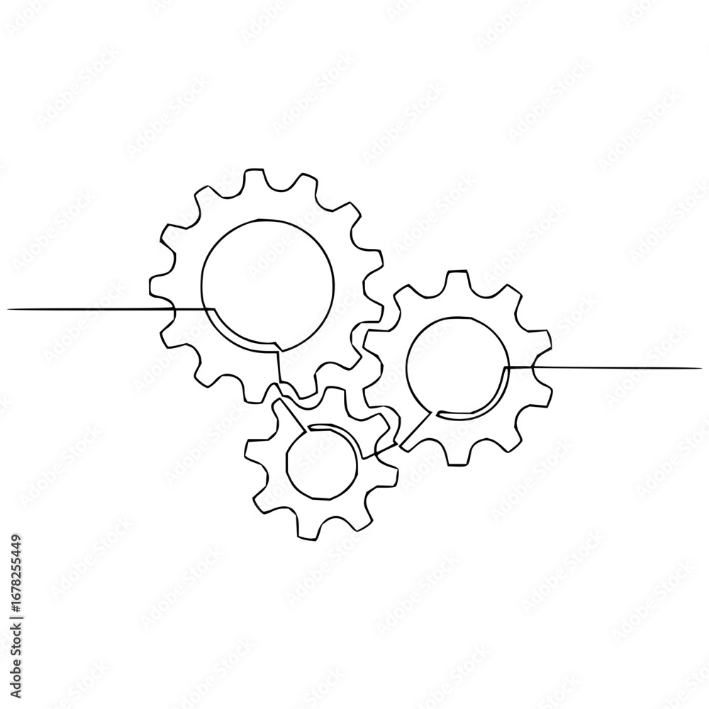 Poster modern continuous line art displaying gear system, representing process and teamwork. scalable vecto