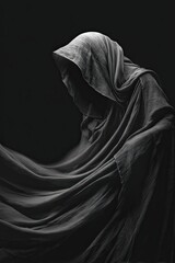 witch in flowing cloak dramatic wind effect no face visible