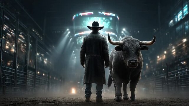 Dramatic entry of cowboy rider in rodeo bull riding arena with smoke and lights &ndash; Video 4K UHD 60fps