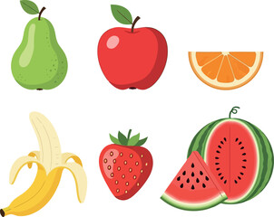 Vector vector art of collection of fresh fruits including pear, apple, orange slice, banana, strawberry, and watermelon transparent background