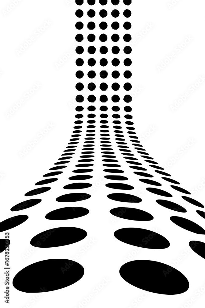 Poster dynamic perspective with bold black dots fading into distance, modern abstract design element, visua