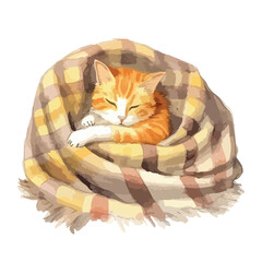 Cozy Ginger Kitten Napping Peacefully Wrapped in a Plaid Blanket