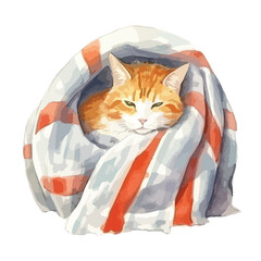 Cozy ginger tabby cat nestled in a striped white and orange blanket looking sleepy