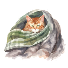 Cozy Watercolor Portrait of a Ginger Cat Snuggled in a Blanket