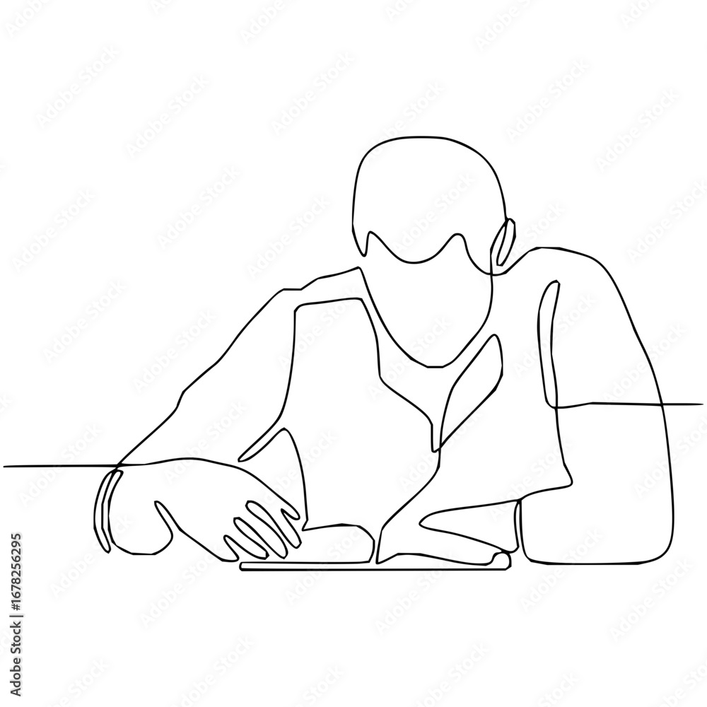 Poster creative line drawing of focused person working or studying intently at desk for modern minimal desi
