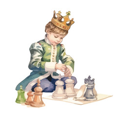 Crowned boy in green tunic contemplates chess move with focused gaze