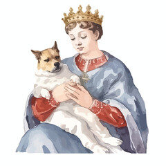 Crowned figure cradling a fluffy dog with gentle hands reminiscent of Renaissance art