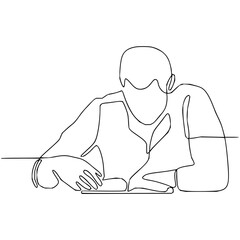 Creative line drawing of focused person working or studying intently at desk for modern minimal design