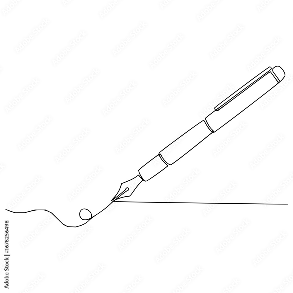 Poster elegant fountain pen writing a single continuous line in minimal style for creative projects