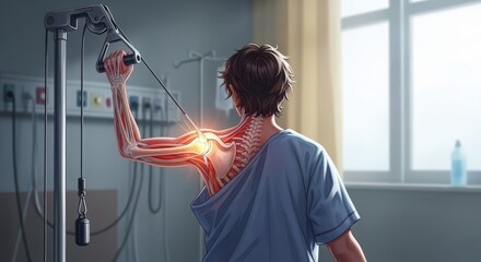 3D view of the shoulder with muscles and tendons; subacromial region highlighted to show impingement and rotator cuff stress. Ideal for orthopedic, sports medicine, and PT content. 