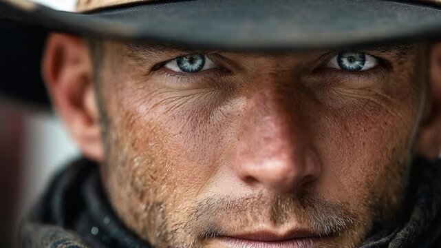 Portrait of rugged cowboy face before rodeo bull riding arena challenge &ndash; Video 4K UHD 60fps