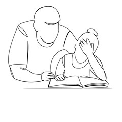 Supportive father helping frustrated daughter with homework in a line art style, showcasing family connection
