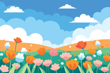 Fototapeta premium Cartoon Flower Field Landscape Blue Sky, White Clouds, Orange Hills, Pink and Orange Flowers