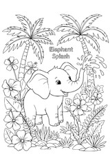 Adorable elephant spraying water in lush jungle foliage, perfect for children's coloring book pages