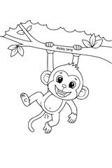 Playful cartoon monkey swinging happily from a tree branch, perfect for kid-friendly designs and illustrations
