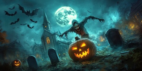 Spooky halloween night with zombie pumpkin bats graveyard church and full moon