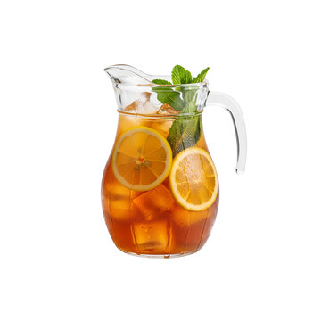 Glass pitcher of iced herbal tea with lemon slices and mint, condensation drops, photorealistic, white background