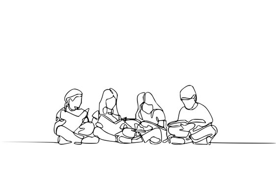 Minimalist line art showing group studying, ideal for education concepts and book clubs promotions