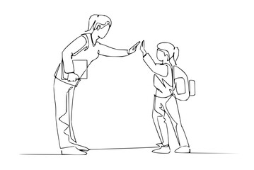 Energetic student high-fives teacher celebrating learning success in continuous line art design