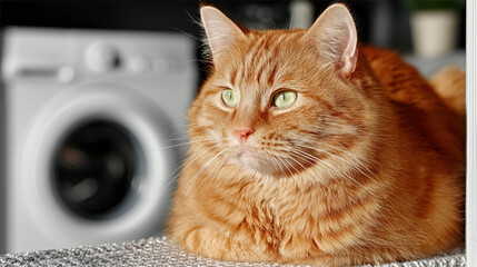 Curious Chubby Orange Cat Relaxing on Washing Machine in Spacious White Laundry Room