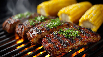 Smoky BBQ Ribs with Grilled Corn, Realistic Close-Up Cuisine Scene