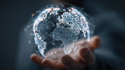 A hand holds a digital globe, intricately detailed with glowing connections