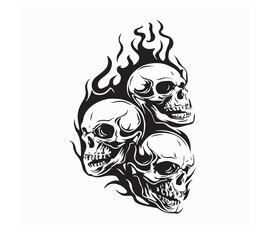 Three Human Skulls with Flames Vector Illustration on white background