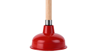 Fototapeta premium A bright red plunger with a wooden handle, designed for unclogging drains and toilets.