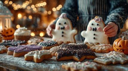 Halloween Cookies in Warm Kitchen, Detailed Interaction and Festive Atmosphere.