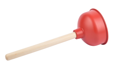 A red plunger with a wooden handle, commonly used for clearing clogs in toilets and drains.