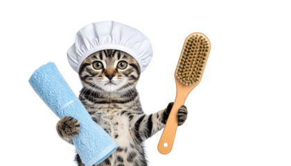 A playful cat wearing a chef's hat, holding a towel in one paw and a brush in the other, ready for grooming or fun activities.