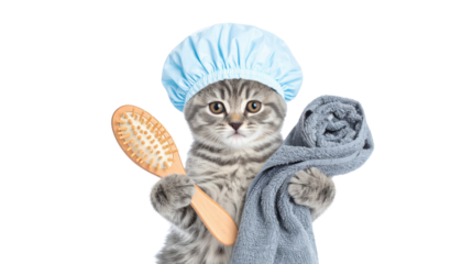 A playful cat wearing a shower cap, holding a wooden brush in one paw and a towel in the other, exuding a humorous grooming vibe.