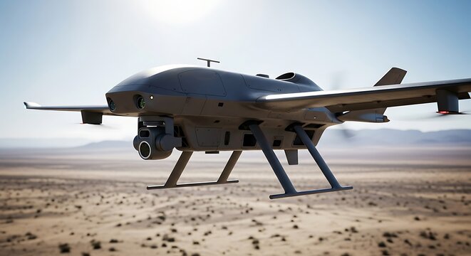 Advanced military drone (UAV) with integrated camera system flies over a vast, arid desert landscape. Ideal for defense, security, and aerial surveillance.