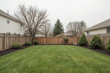 Obraz premium Suburban backyard, fenced, green lawn, trees, spring
