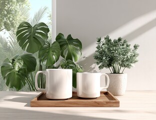 Two white mugs on a wooden tray, surrounded by greenery, in a sunlit room