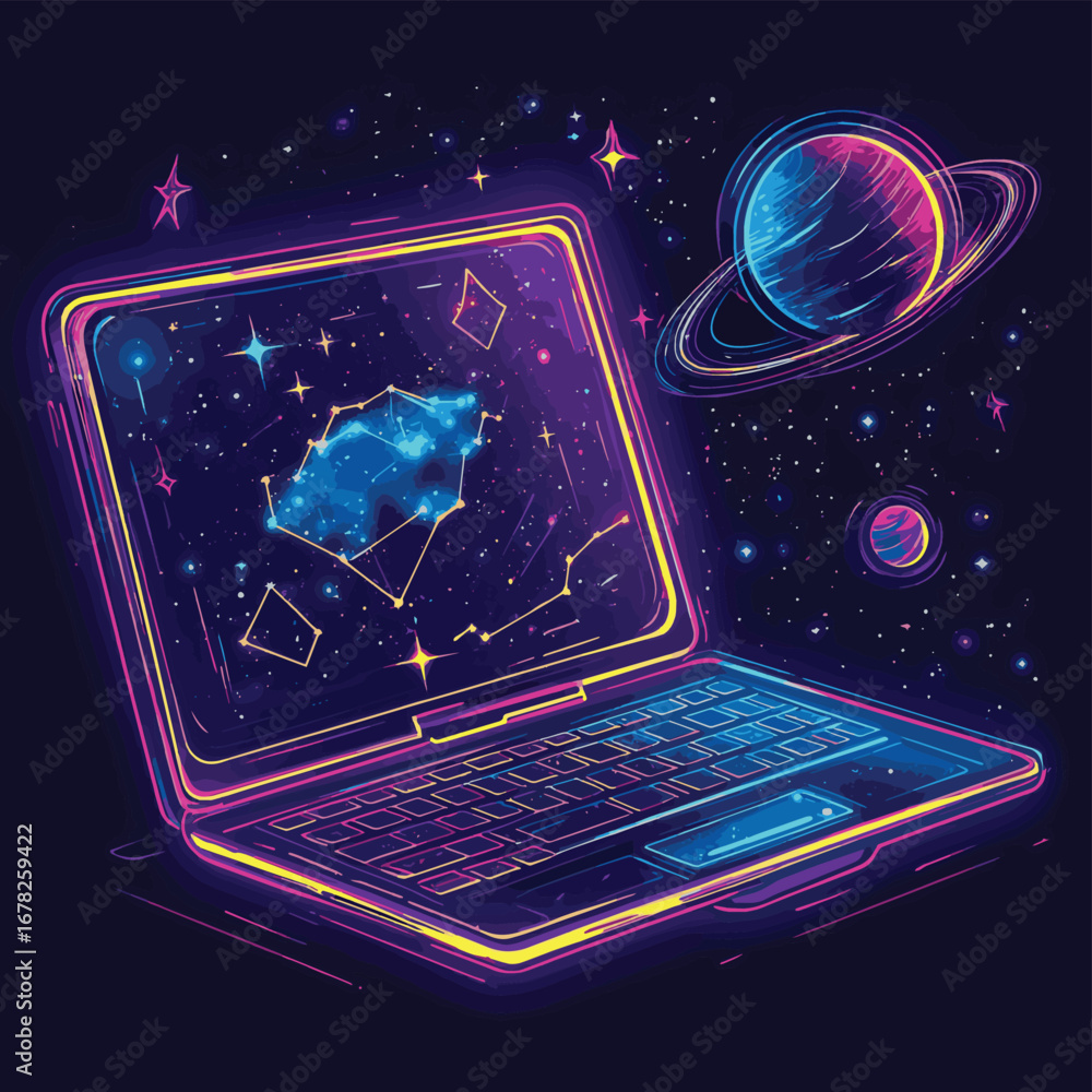 Wall mural abstract laptop with cosmic star constellations and planets floating around digital notebook with gl