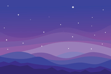 Purple Gradient Hills Landscape with Starry Night Sky, Abstract Minimalist Illustration