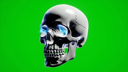 3D Rendered Human Skull with Glowing Blue Eyes Rotating on Green Screen. - Powered by Adobe