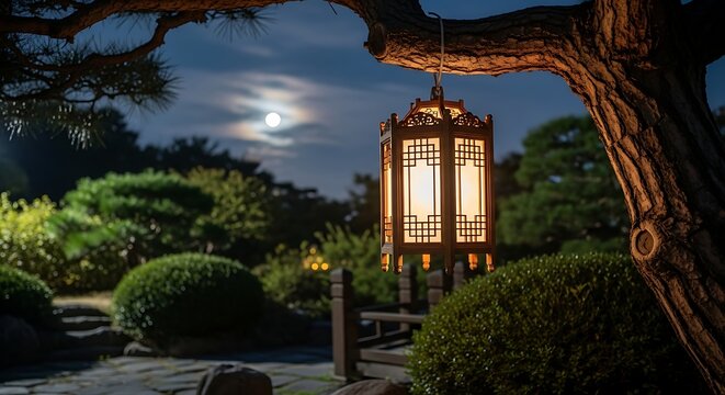 A traditional Asian wooden lantern illuminates a peaceful garden at night, hanging from a tree branch under the soft glow of a full moon. Serene and culturally rich.