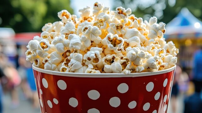 Freshly Popped Popcorn in Red and White Polka Dot Container