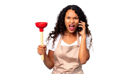 A woman with curly hair holds a plunger in one hand while speaking angrily on the phone, dressed in an apron.