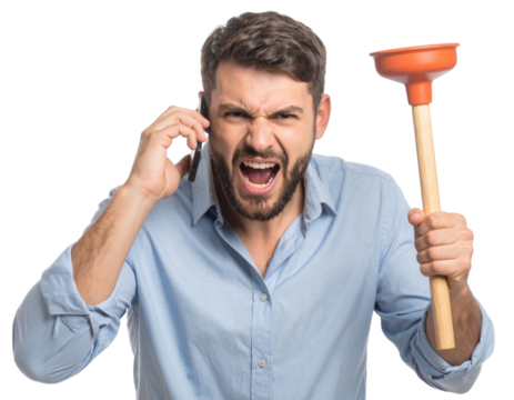 A frustrated man holding a plunger while speaking on the phone. - Powered by Adobe
