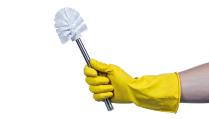 A hand wearing a yellow glove holds a toilet brush with a white bristle head on a metallic handle
